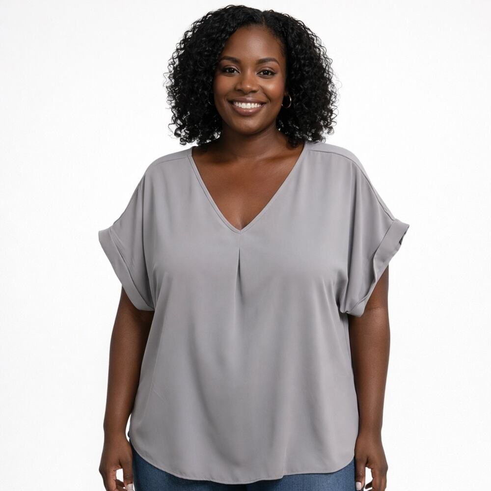 V-Neck Pullover Short Sleeve Flowy Blouse Gray Womens XL